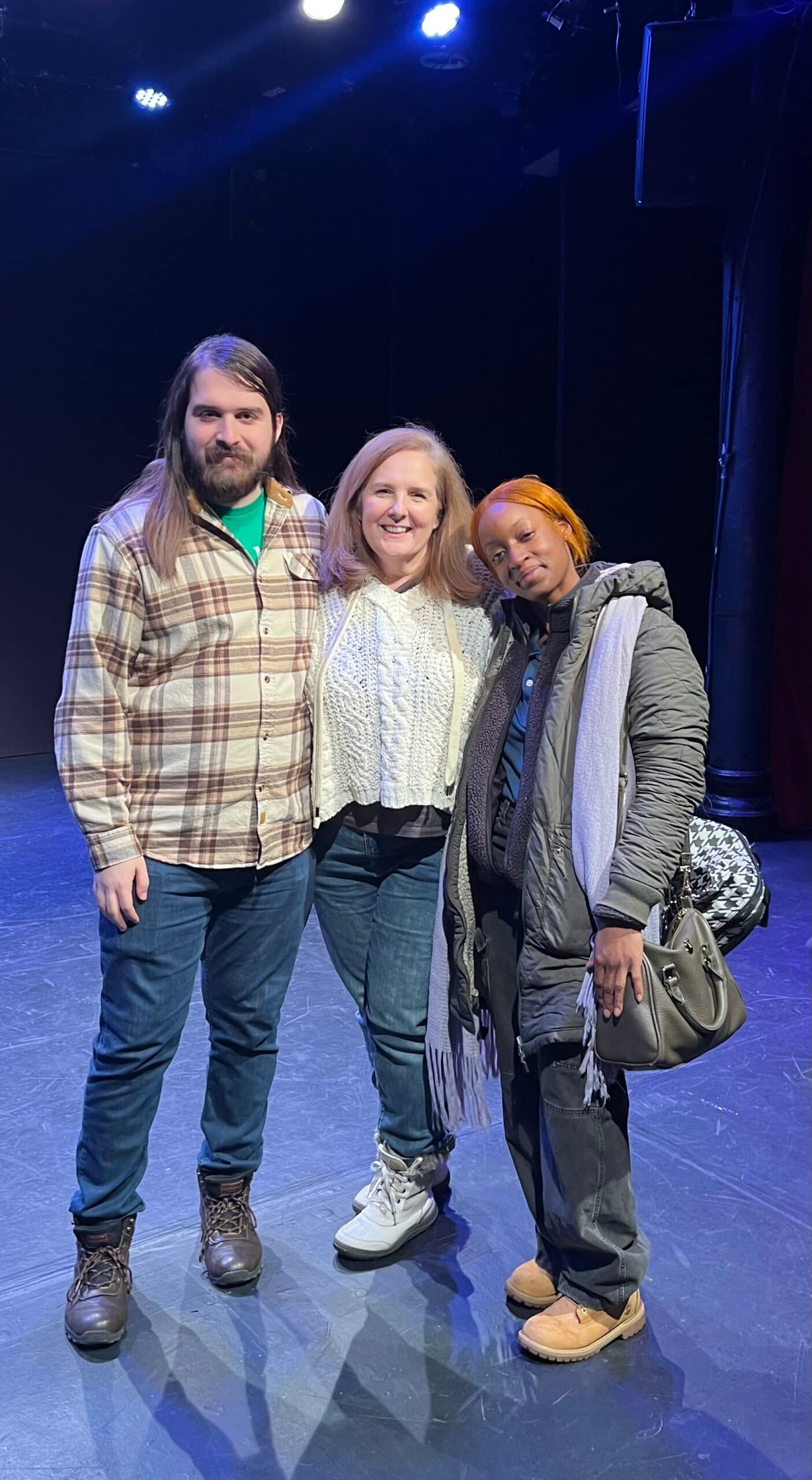 Playwright Maria E Andreu with actors Zachary Papatheodorou and Olivia Nichole Williams